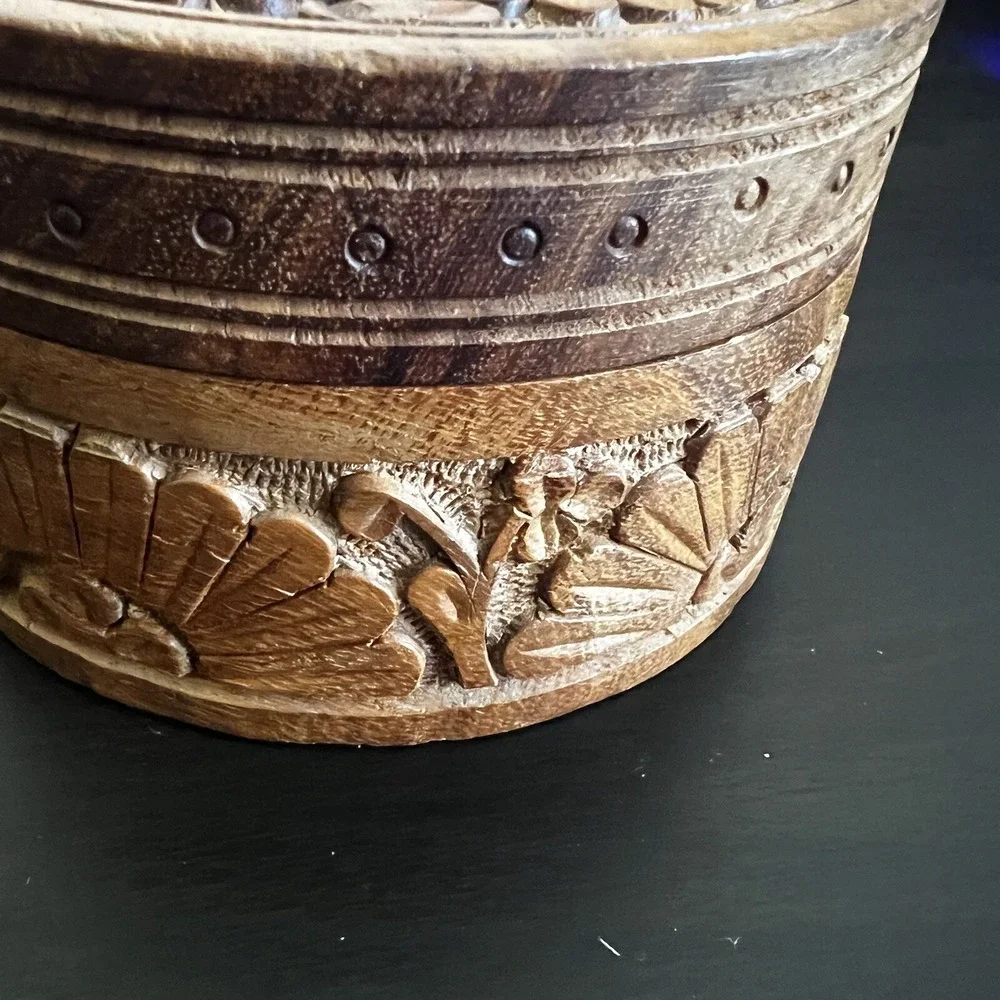 Vintage Wooden Box Floral Hand Carved Flowers Jewelry Trinket
